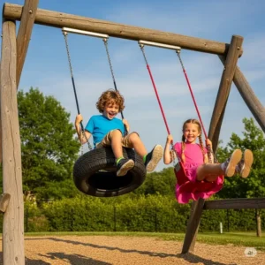 Two happy children playing on a large wooden swing set, one on a tire swing and the other on a classic belt swing.