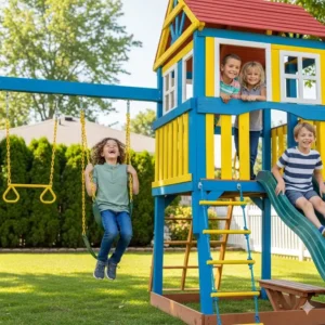 Happy kids laughing while playing on a backyard swing set clubhouse.