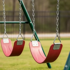 A close-up of a sturdy, powder-coated metal 2 swing swing set with heavy-duty chain swings and durable plastic seats.