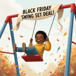 A child happily swinging on a sturdy swing set, representing the value and fun of black friday playset deals.