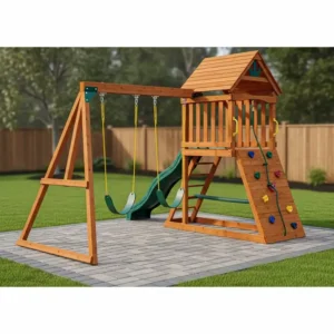 A classic wooden swing set patio with a slide and rock wall, placed on a durable paver surface, ideal for a traditional backyard setting.

