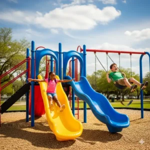 Two happy children playing on a swing set with 2 slides; one is going down a slide, and the other is on a swing.