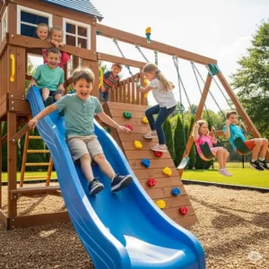 An action shot of children enjoying the slide and climbing wall on the swing set with playhouse.