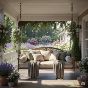 A digital illustration of a cozy, elegant hanging porch swing for adults, decorated with plush cushions and blankets, overlooking a peaceful garden.