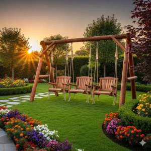 A rustic, wooden 3-swing swing set with a stained finish stands in a landscaped yard.