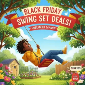 An illustration of a happy child swinging high on a backyard swing set, emphasizing the fun and value of black friday swing set deals.