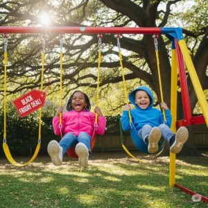 Two children laughing while playing on a brightly colored swing set, representing the joy of a black friday swing set black friday purchase.