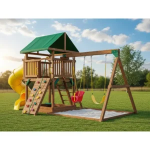A spacious large wooden swing set featuring a vibrant green canopy over the top fort, providing shade for the play deck.