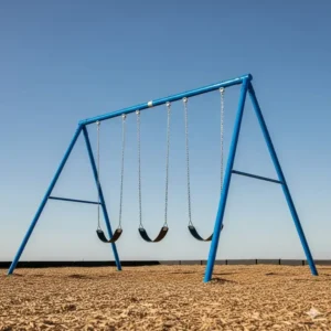 A durable metal 3-swing swing set with a bright blue powder-coated finish is pictured against a clear sky.