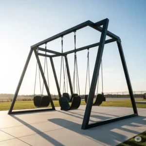 A sleek, modern-style large swing sets for adults made with black steel, featuring a minimalist design.