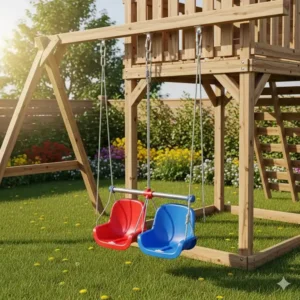 A detailed image of the two-person swing attachment connected to the playhouse with slide and swing frame.