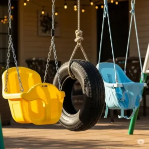 Close-up of swing set patio accessories, including comfortable bucket swings, a tire swing, and a baby swing, highlighting options for different ages.