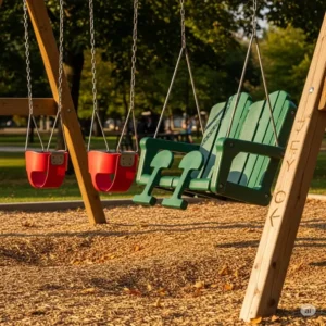 A detailed view of the different swings on the swing set with playhouse.