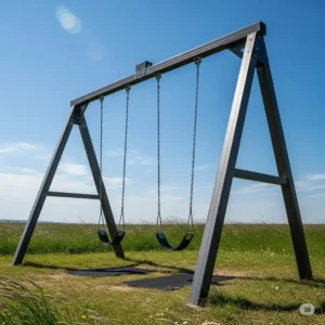 A sturdy, heavy-duty metal swing sets for adults with two swings, shown in an open field against a bright blue sky, highlighting its durability and strength.