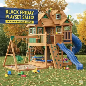 A detailed, multi-level playset with a treehouse design, showcasing the incredible features available as part of the black friday playset deals.