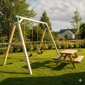 A wooden 2 swing swing set, constructed from a light-colored, splinter-free material, is set up in a backyard with a picnic table nearby.