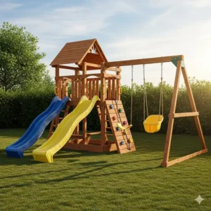 A beautiful wooden swing set with two slides and a rock wall, showcasing a durable and classic design.