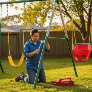 A person is using a wrench to secure the bolts on a 2 swing swing set, demonstrating the installation process.