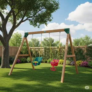 A beautiful wooden swing set with a clubhouse, slides, and swings, perfectly situated in a green backyard, available during our Black Friday swing set sale.