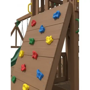 A side view of a playset climbing wall, showing hand and foot holds, a perfect example of a feature to look for in black friday playset deals.