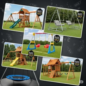 Collage of various swing set designs, showcasing diverse black friday swing set black friday options available during the sale.