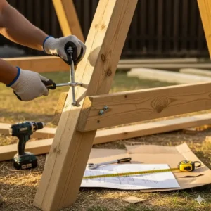 A close-up shot shows a DIY project of a homemade 3-swing swing set frame being constructed.