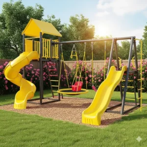 A sturdy metal swing set with 2 slides and a gliders wing, ideal for energetic kids.