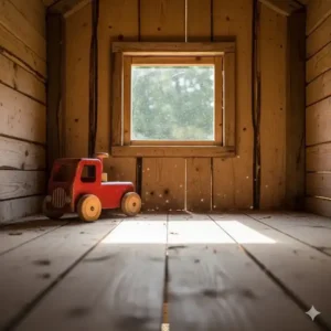Inside view of the playhouse with slide and swing, showing a small window and a child's toy.

