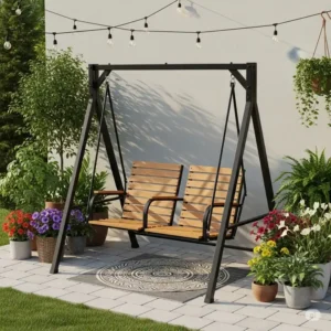 A compact, two-seat swing set patio designed for a small space or deck, showcasing how to maximize outdoor fun in limited areas.