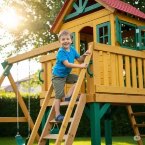 A joyful photo of a child climbing the ladder of the swing set with playhouse, illustrating its fun and safety.