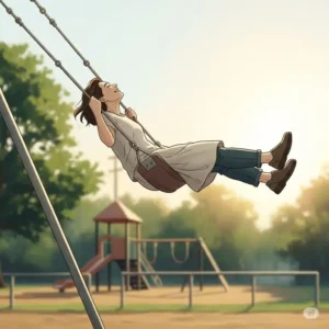 A nostalgic illustration of a single adult, smiling as they swing high on a swing set for adults, with a blurred background suggesting a return to a cherished childhood memory.