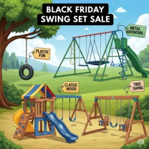 A colorful illustration showcasing several different types of swing sets, from plastic to wooden, to help customers find the best black friday swing set deals.