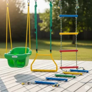 An assortment of accessories for a large wooden swing set, including a rope ladder, trapeze bar, and a toddler bucket swing.