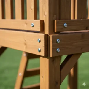 Detailed shot of the durable, weather-resistant wood used to construct a swing set clubhouse.