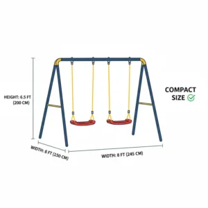 A diagram shows the height, width, and depth dimensions of a standard 2 swing swing set, highlighting its compact size.