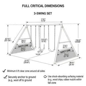 A diagram shows the full dimensions and safety measurements for a standard 3-swing swing set.