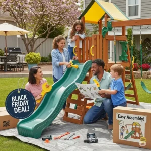 A family assembling a new playset in their backyard, emphasizing the great value of black friday playset deals.
