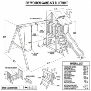 A blueprint for a DIY large wooden swing set, showing the dimensions and required lumber for a backyard project.