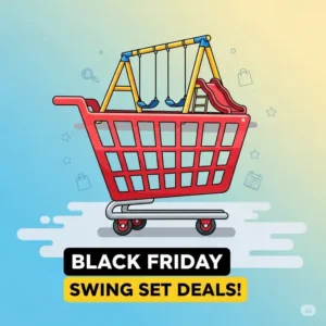 A graphic illustration of a shopping cart with a swing set inside, representing the convenience of finding black friday swing set deals online.