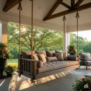 An oversized porch swing, part of a large swing sets for adults, with thick cushions, big enough for multiple adults to sit comfortably, attached to a covered patio.