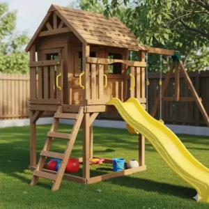 An angled view of the playhouse with slide and swing, highlighting the small ladder leading up to the platform for the slide.