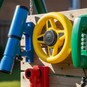 A collection of swing set clubhouse accessories, including a telescope and steering wheel.