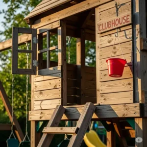 A close-up view of the clubhouse and fort area of a large swing set, featuring a steering wheel and telescope, part of our Black Friday swing set sale.