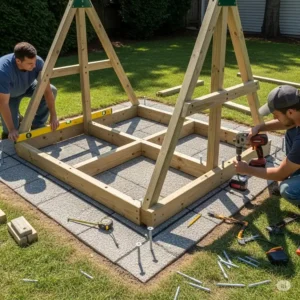 A do-it-yourself project showing a newly built swing set patio base being installed directly on a prepared surface, demonstrating construction steps.

