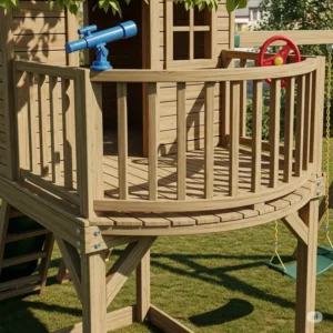 A view of the elevated deck of the swing set with playhouse, with a safety railing and balcony.