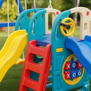 Close-up of a swing set with two slides, highlighting extra features like a climbing ladder, a steering wheel, and a tic-tac-toe panel.