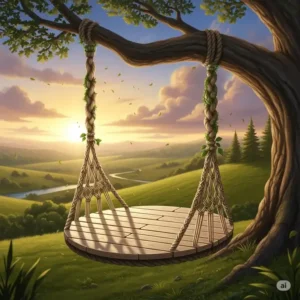 A whimsical illustration of a large, circular wooden tree swing for adults, hanging from a thick branch, with intricate rope details and a view of a serene landscape.