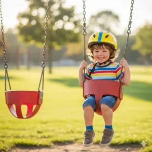 A small child is wearing a helmet while seated in the swing of a 2 swing swing set, emphasizing safety precautions.