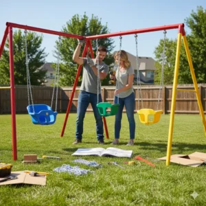 A step-by-step image of two adults assembling the frame of a new 3-swing swing set in a yard.