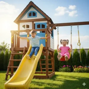 Two happy children playing together on a playhouse with slide and swing set.